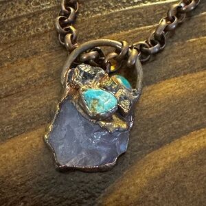 Copper Electroformed Rose Quartz Turquoise Pendant Necklace Boho Artisan